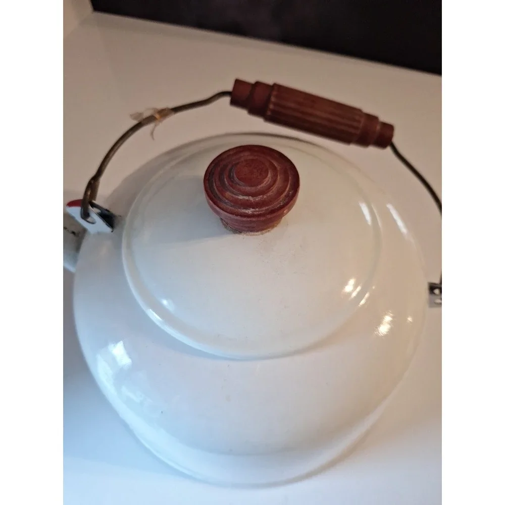 Vintage Antique 1960's Enamel Tea Pot White Red & Brown Trim Very Good Condition
